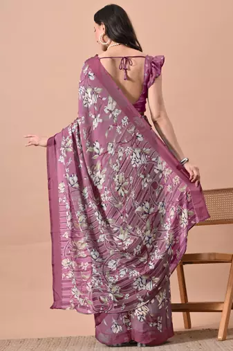Women's plum floral print chiffon saree with unstitched blouse piece
