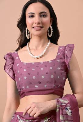 Women's plum floral print chiffon saree with unstitched blouse piece 5