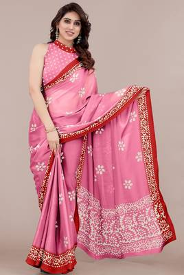 Women's pink batik print chiffon saree with unstitched blouse piece 1