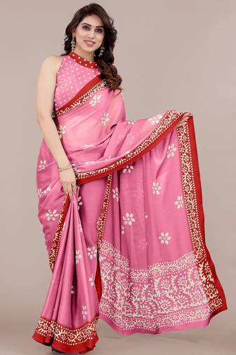 Women's pink batik print chiffon saree with unstitched blouse piece