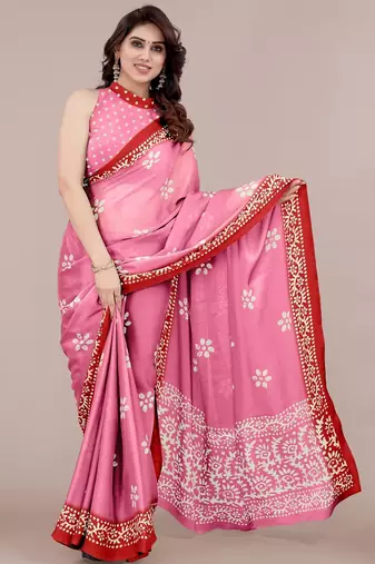 Women's pink batik print chiffon saree with unstitched blouse piece