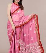 Women's pink batik print chiffon saree with unstitched blouse piece