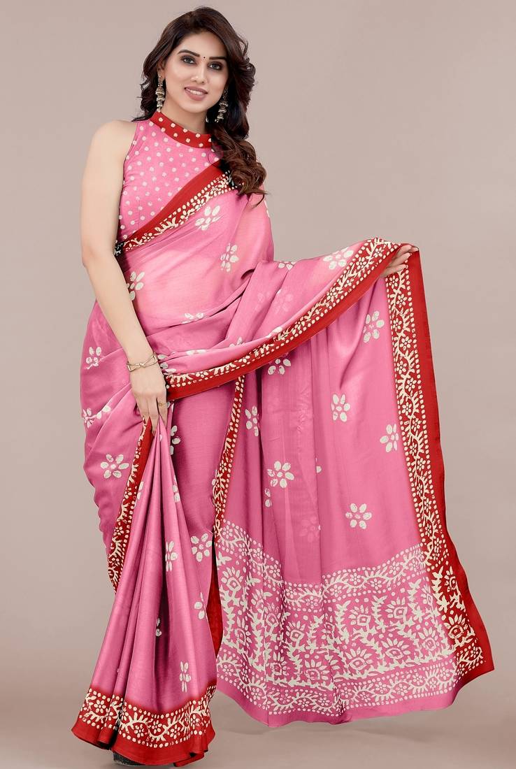 Women's pink batik print chiffon saree with unstitched blouse piece