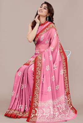 Women's pink batik print chiffon saree with unstitched blouse piece 2