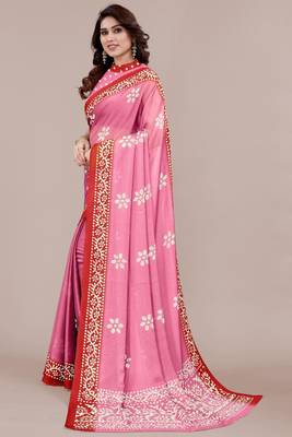 Women's pink batik print chiffon saree with unstitched blouse piece 3