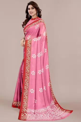Women's pink batik print chiffon saree with unstitched blouse piece