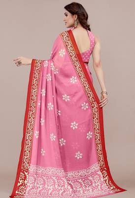 Women's pink batik print chiffon saree with unstitched blouse piece 4
