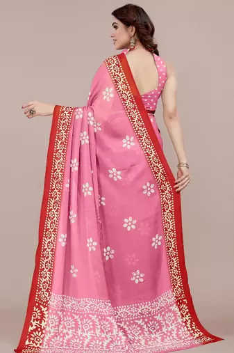 Women's pink batik print chiffon saree with unstitched blouse piece