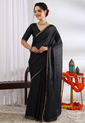 Women's black zari woven silk blend saree with unstitched blouse piece 1