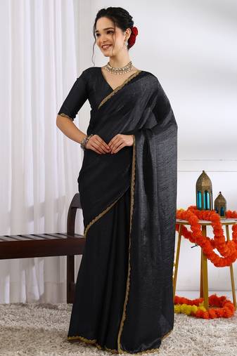 Women's black zari woven silk blend saree with unstitched blouse piece