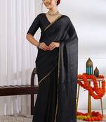 Women's black zari woven silk blend saree with unstitched blouse piece