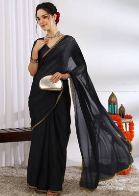 Women's black zari woven silk blend saree with unstitched blouse piece 2