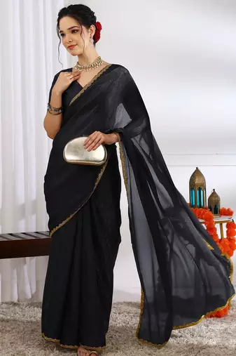 Women's black zari woven silk blend saree with unstitched blouse piece