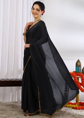 Women's black zari woven silk blend saree with unstitched blouse piece 3