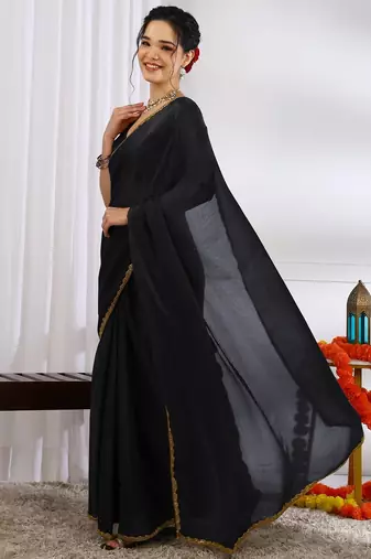 Women's black zari woven silk blend saree with unstitched blouse piece
