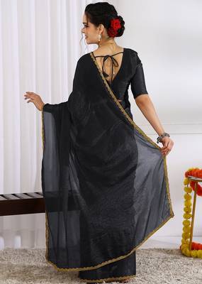 Women's black zari woven silk blend saree with unstitched blouse piece 4