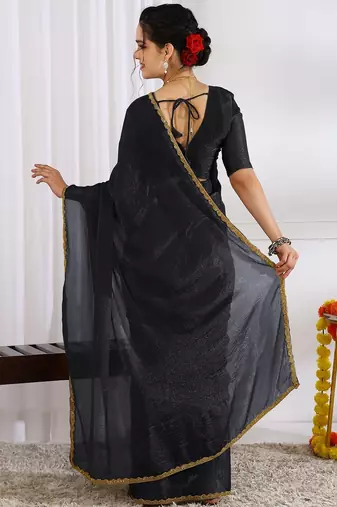 Women's black zari woven silk blend saree with unstitched blouse piece