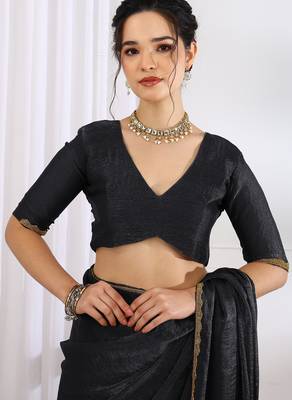 Women's black zari woven silk blend saree with unstitched blouse piece 5