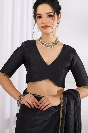 Women's black zari woven silk blend saree with unstitched blouse piece