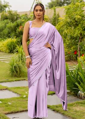 Women's lavender zari woven silk blend saree with unstitched blouse piece 1