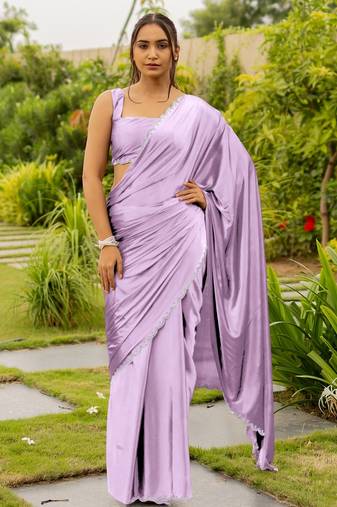 Women's lavender zari woven silk blend saree with unstitched blouse piece