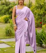 Women's lavender zari woven silk blend saree with unstitched blouse piece