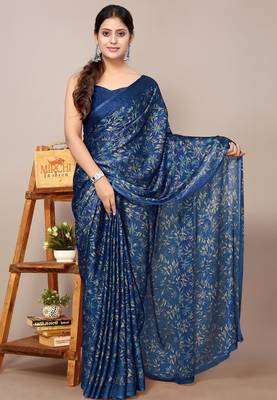 Women's blue floral print chiffon saree with unstitched blouse piece 1