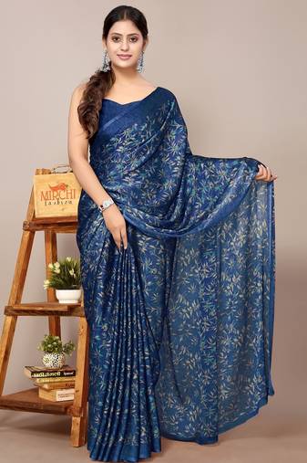 Women's blue floral print chiffon saree with unstitched blouse piece