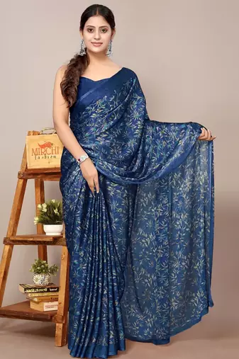 Women's blue floral print chiffon saree with unstitched blouse piece