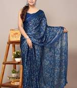 Women's blue floral print chiffon saree with unstitched blouse piece