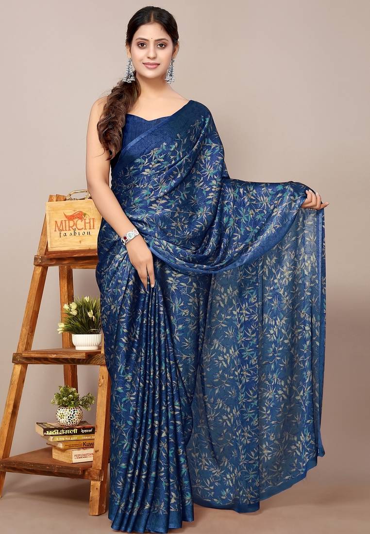 Women's blue floral print chiffon saree with unstitched blouse piece