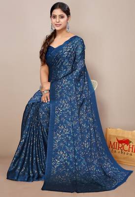 Women's blue floral print chiffon saree with unstitched blouse piece 2