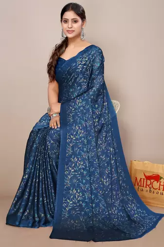 Women's blue floral print chiffon saree with unstitched blouse piece