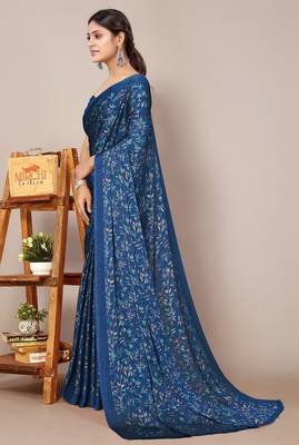 Women's blue floral print chiffon saree with unstitched blouse piece 3