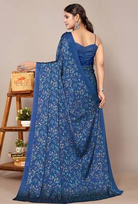 Women's blue floral print chiffon saree with unstitched blouse piece 4