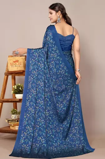 Women's blue floral print chiffon saree with unstitched blouse piece