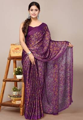 Women's wine floral print chiffon saree with unstitched blouse piece 1