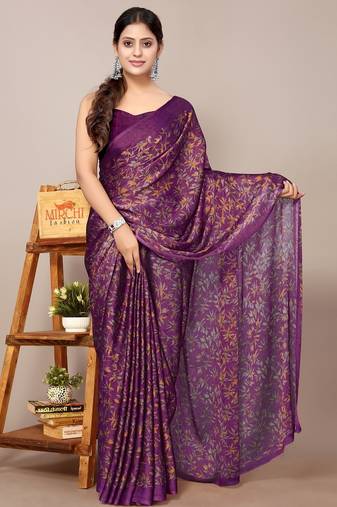 Women's wine floral print chiffon saree with unstitched blouse piece