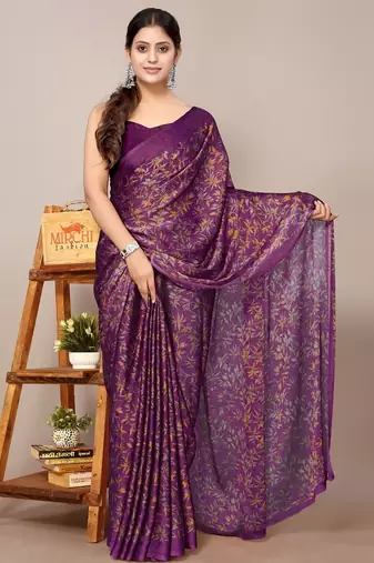 Women's wine floral print chiffon saree with unstitched blouse piece