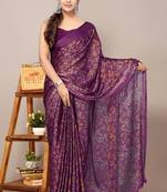 Women's wine floral print chiffon saree with unstitched blouse piece