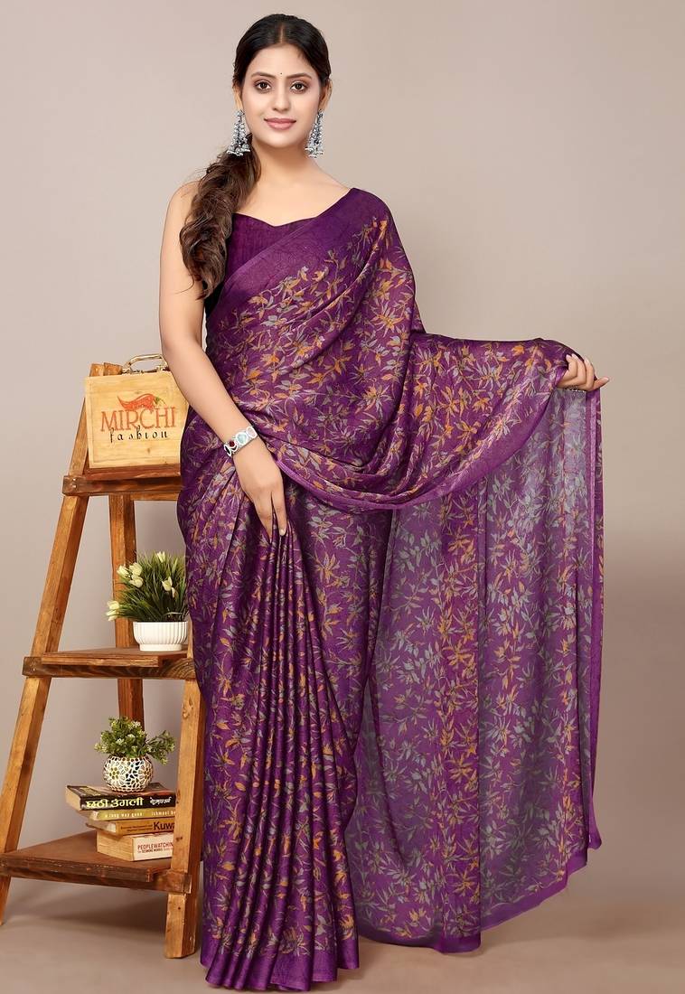 Women's wine floral print chiffon saree with unstitched blouse piece