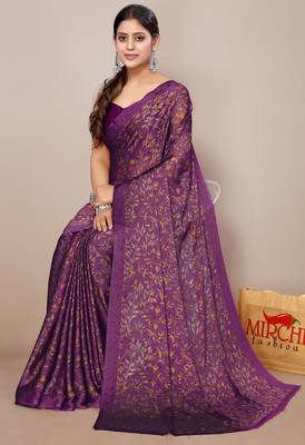 Women's wine floral print chiffon saree with unstitched blouse piece 2
