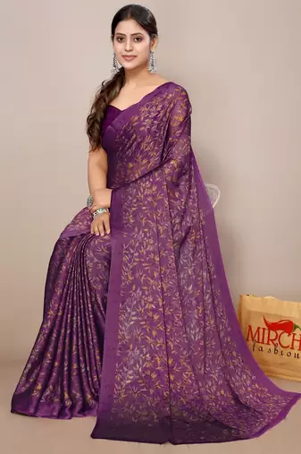Women's wine floral print chiffon saree with unstitched blouse piece