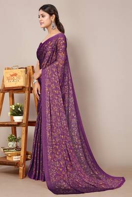 Women's wine floral print chiffon saree with unstitched blouse piece 3
