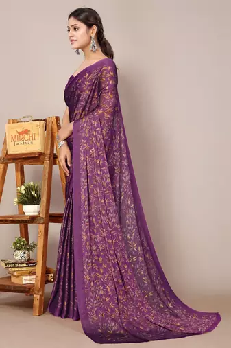 Women's wine floral print chiffon saree with unstitched blouse piece