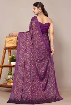 Women's wine floral print chiffon saree with unstitched blouse piece 4