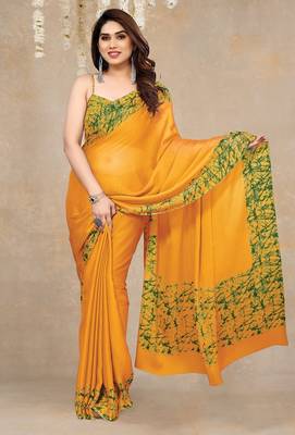 Women's yellow abstrect print  chiffon  saree with unstitched blouse piece 1