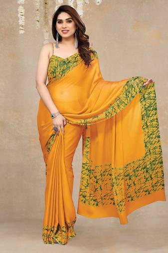 Women's yellow abstrect print  chiffon  saree with unstitched blouse piece