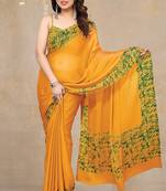 Women's yellow abstrect print  chiffon  saree with unstitched blouse piece