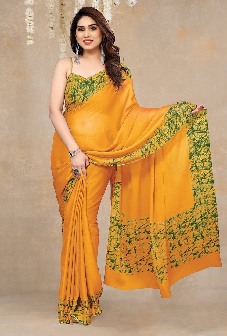 Women's yellow abstrect print  chiffon  saree with unstitched blouse piece